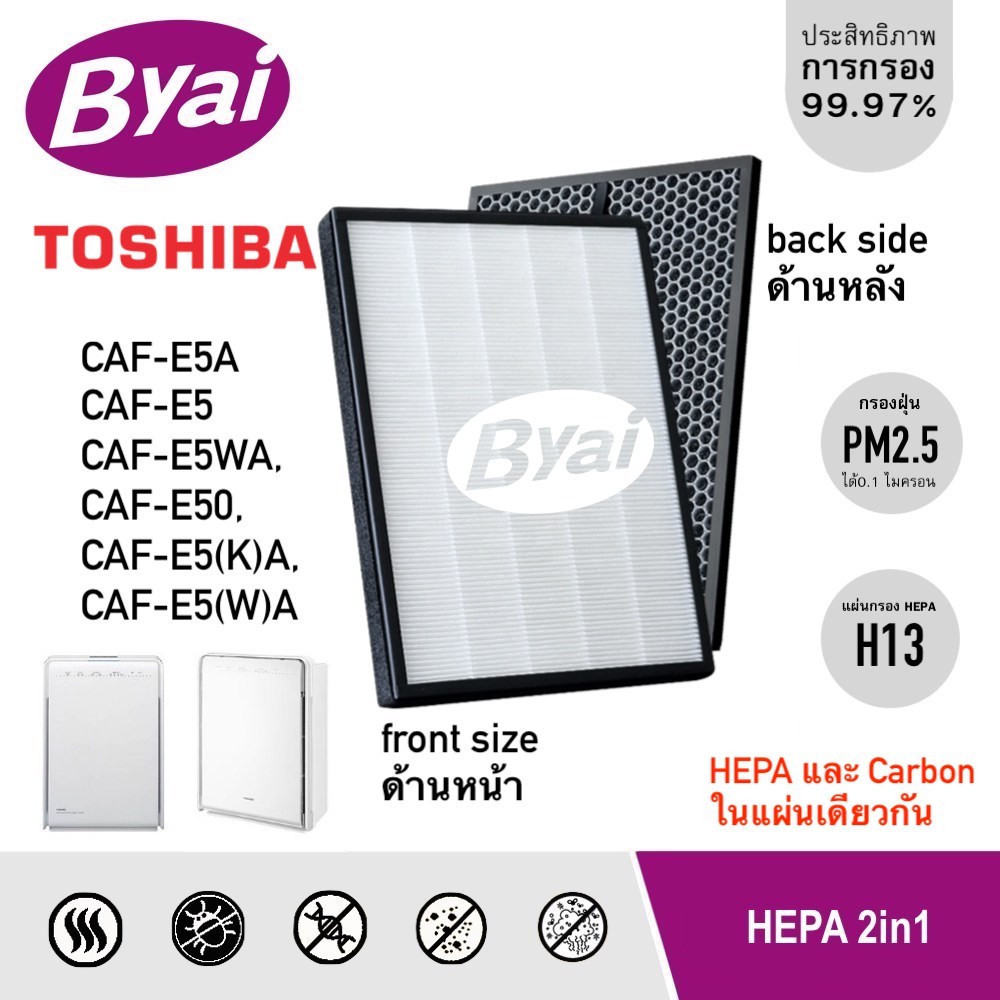 Byai บียาอิแผ่นกรองอากาศ HEPA H13 Filter CAF-E5A เครื่องฟอกอากาศ TOSHIBA รุ่น CAF-E5WA, CAF-E50, CAF