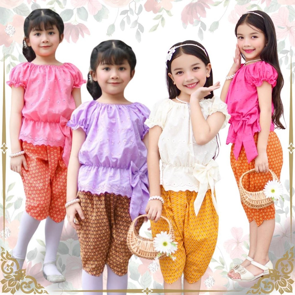THA0960 ชุดไทยเด็กหญิง เสื้อแขนตุ๊กตา+โจงกระเบน ผ้าคอตตอนปักฉลุ ชุดไทยประยุกต์ ชุดเด็ก น่ารัก ชุดเด็กแฟชั่น ชุดไทยลายดอก