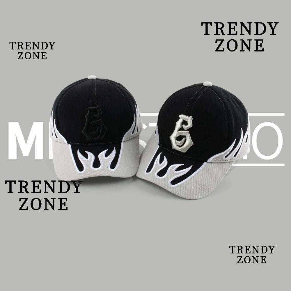 Trendyzone หมวกกันแดด, หมวกเบสบอลกลางแจ้งปักลายเปลวไฟ, หมวกโล่ลายตัวอักษร 6 ใบอินเทรนด์ Cool Hip Hop