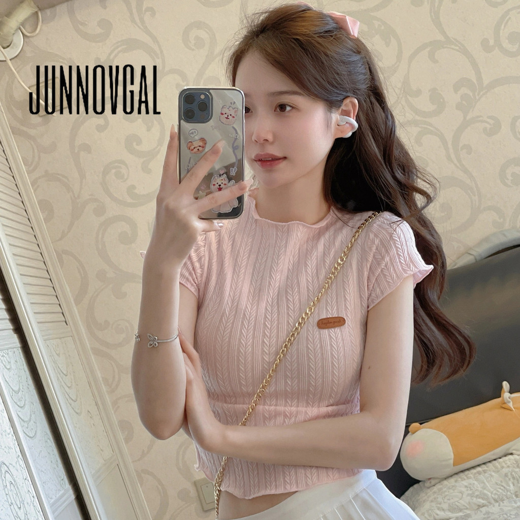 Junnovgal เสื้อยืดผู้หญิง Knit All Match 2024 Slim Fit สีทึบสไตล์ใหม่แขนสั้น