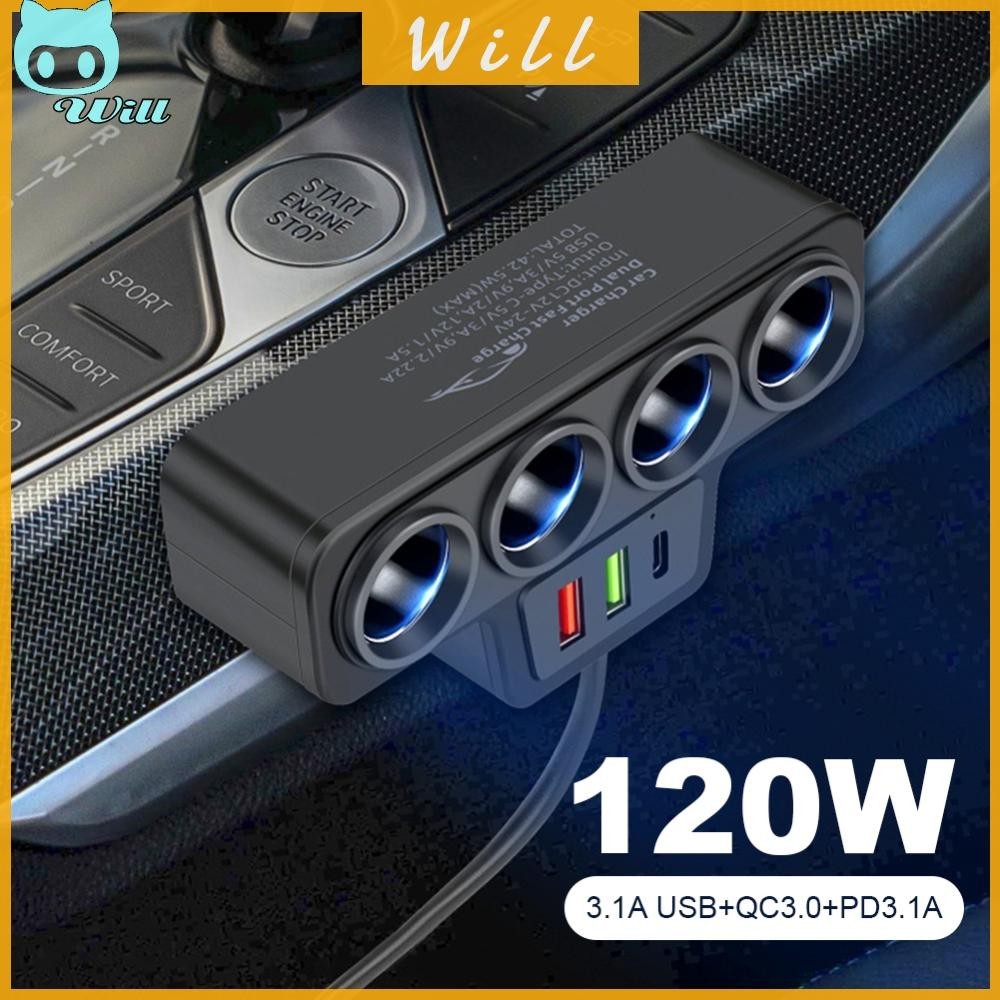 12v-24v QC3.0+PD 3.1A อะแดปเตอร์ไฟแช็กรถยนต์ 3 USB 4-Socket Fast Charger