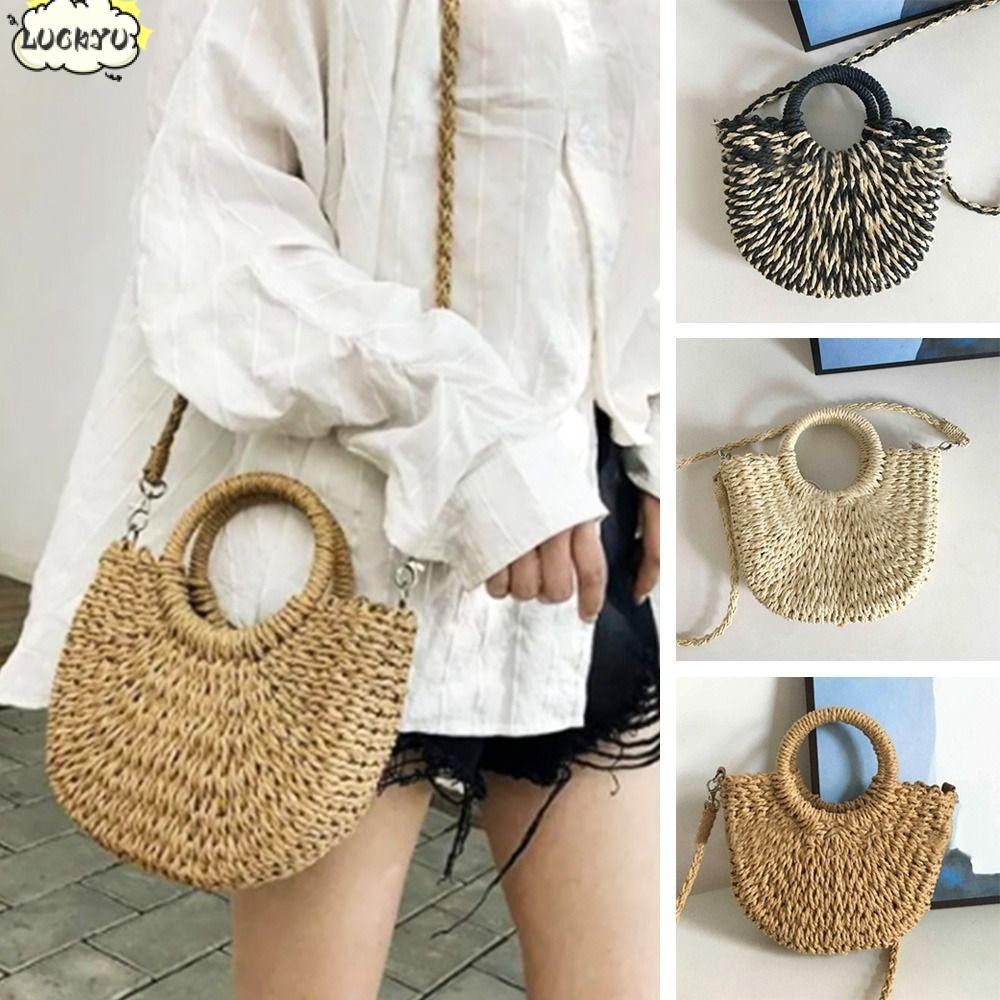 Luckyu Beach Weaving Straw Bag, Big Capacity Straw Handmade Bags, Summer Moon shaped Top Handle Handbags Ladies