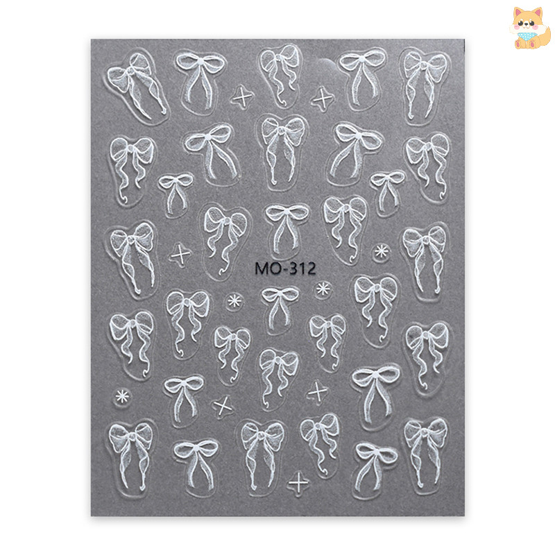 [VI] 1 แผ่นริบบิ้นสีขาว Bowknot 3D นูนบรรเทาตกแต่งเล็บสติกเกอร์เล็บเครื่องมือ Decals TH