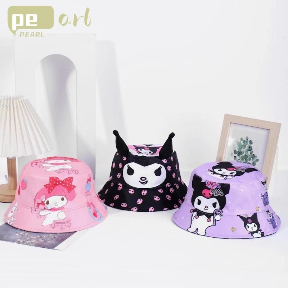 Pearlth หมวกกันแดดเด็ก, Mymelody Kitty Cat Kuromi Cinnamoroll การ์ตูนพิมพ์หมวก, น่ารักขนาดใหญ่ปีกผ้าฝ้าย Sanrio เด็กหมวกชาวประมงกลางแจ้ง