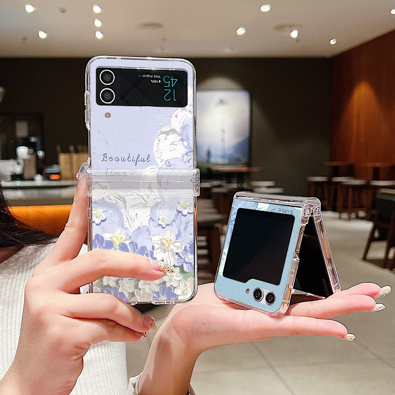 Samsung Z Flip3 ZFlip4 ZFlip5 ZFlip6 ภาพวาดสีน้ํามันนูนดอกไม้กันกระแทกเคสโทรศัพท์พับ