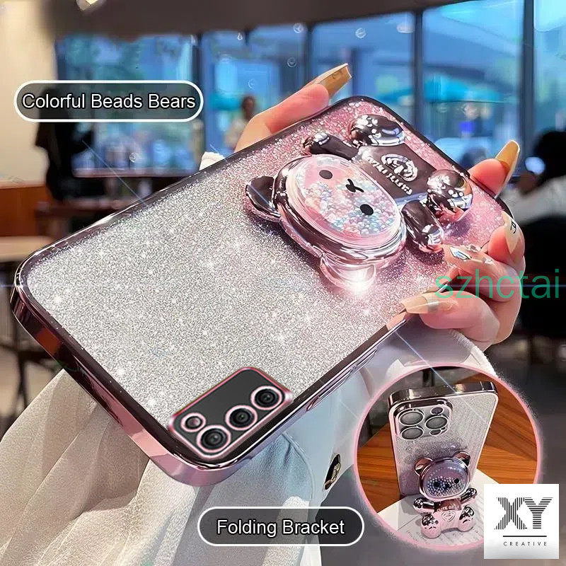 เคสโทรศัพท์ Samsung A02S Samsung A03S A03 A10S A20 A30 A20S A21S A50 A50S A30S A70 วงเล็บหมุน 360 °เคสโทรศัพท์บรรเทาความเครียดที่มีสีสันลูกปัดหมีขาตั้งพับ เปลือกอ่อน เคส Samsung A02S Samsung A03S A03 A10S A20 A30 A20S A21S A50 A50S A30S A70