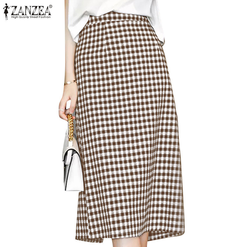 ZANZEA ใส่ ซานเซีย ผู้หญิงเกาหลีหรูหราเอวสูงไม่มีกระเป๋าลายสก๊อตซิปแยก กระโปรงทับ