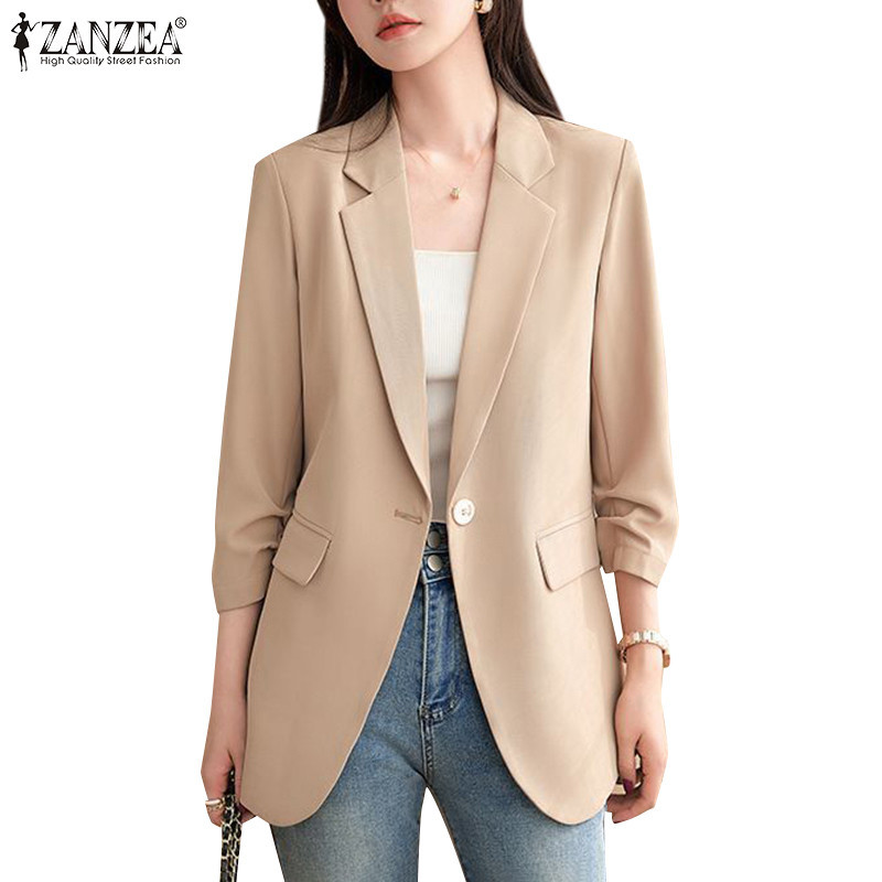 ZANZEA ซานเซีย ผู้หญิงเกาหลีปุ่มธรรมดาสี3/4แขนเสื้อคอกลม