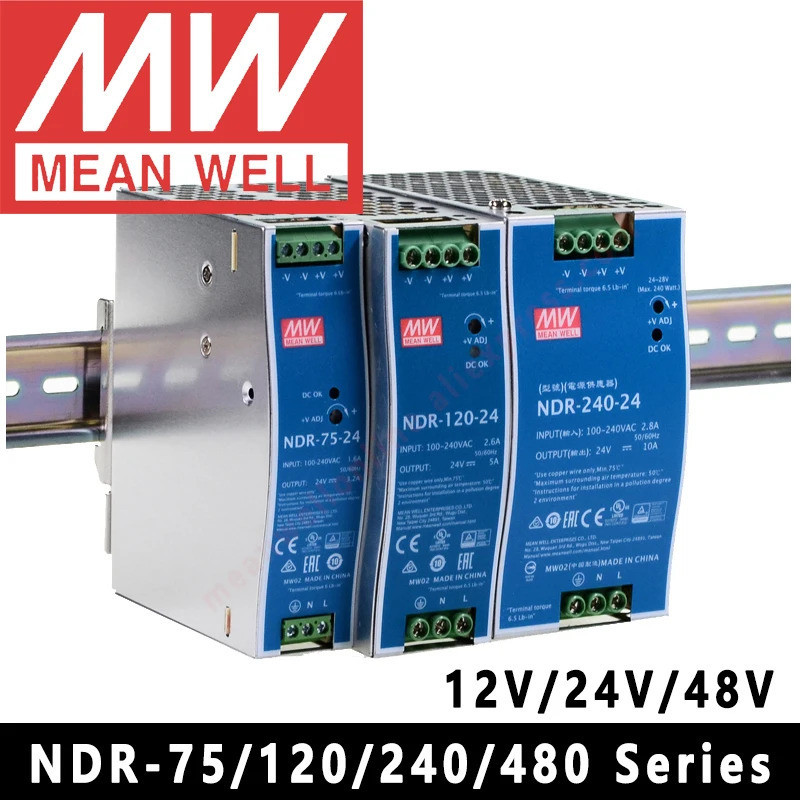 Original Mean Well NDR-240 NDR-75 NDR-120 NDR-480 series mianwell DC 24V 48V 240W เอาต์พุตเดี่ยวอุตส