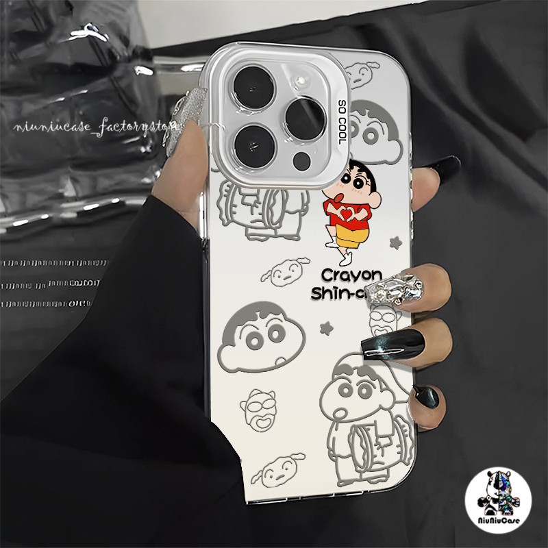 เคสโทรศัพท์ Crayon Shin-chan ไอโฟน 11 โลหะชุบโลหะด้วยไฟฟ้า For iPhone 11 12 13 14 15 Pro Max XR X XS 7 8 14 Plus SE เคส