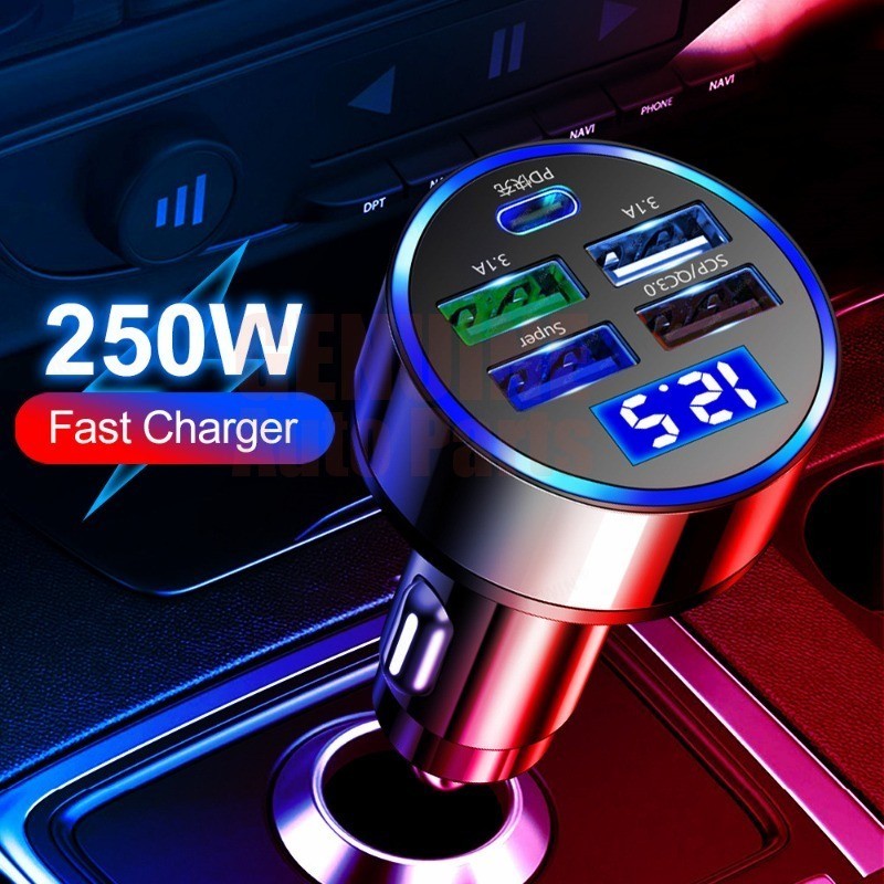 5 พอร์ต USB Car Charger เครื่องวัดแรงดันไฟฟ้า 250w รถแบตเตอรี่โวลต์มิเตอร์ LED แรงดันไฟฟ้าจอแสดงผลประเภท C PD 3.0 เครื่องชาร์จโทรศัพท์มือถือ Kereta