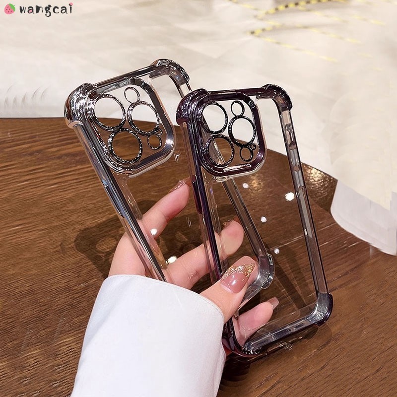 สําหรับ OPPO A98 A97 A96 A76 A74 A36 A35 A33 A32 4G 5G เคสโทรศัพท์พร้อมกล้องเลนส์ฟิล์มชุบเงา Shining Simple Luxury โปร่งใสสี่มุมกันกระแทกปลอกอ่อนกรณีฝาครอบ