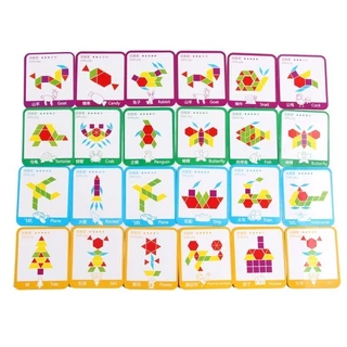GeeToy 155 ชิ้น/เซ็ตไม้รูปแบบบล็อกรูปทรงเรขาคณิตจิ๊กซอว์ปริศนา Tangram Montessori ของเล่นเพื่อการศึกษาสําหรับเด็ก 24 ชิ้นการ์ด