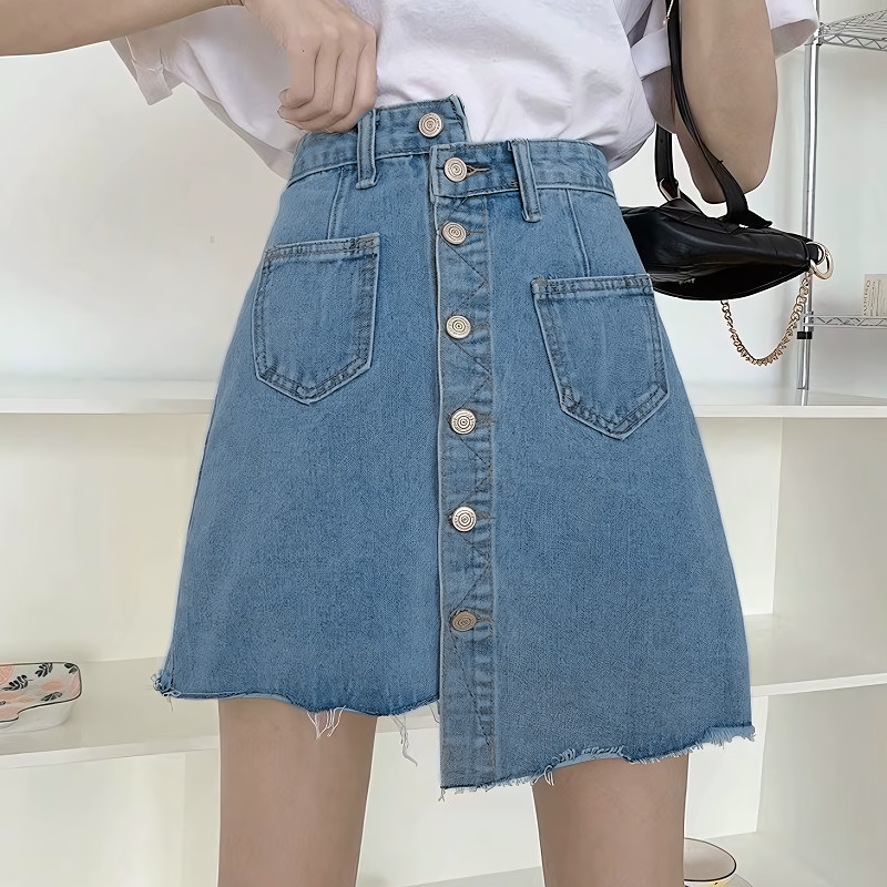 Suysuy พร้อมส่ง กระโปรงยีนส์ เอวสูง กระดุมผ่ากลาง (ใช้งานได้จริง) เก๋ๆ น่ารักๆ ทรงสวย มีกระเป๋าหน้าหลัง แฟชั่นผู้หญิง