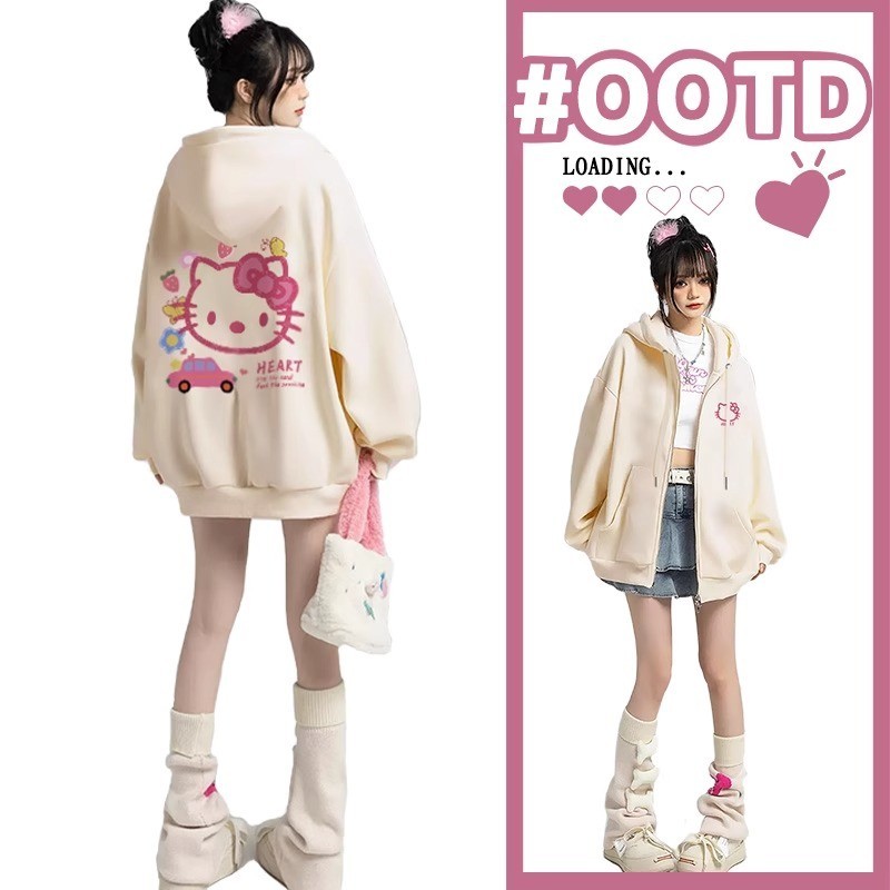ญี่ปุ่น ฮ่องกง พิมพ์ซิปกํามะหยี่หนาคลุมด้วยผ้าเสื้อกันหนาวผู้หญิงวิทยาเขตนักเรียนแบรนด์ขี้เกียจหลวมคู่แขนยาว หมวก
