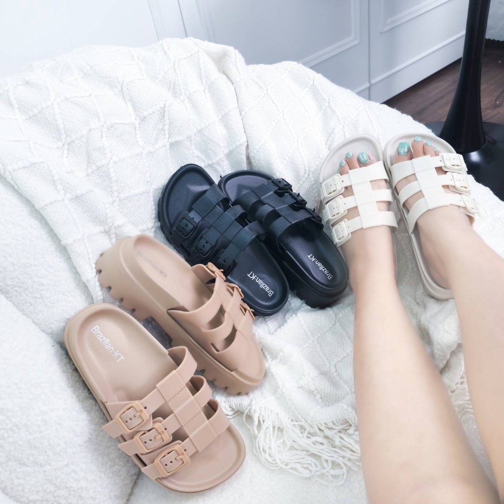 Nice 2 feet u พร้อมส่งในไทย 2418-4 รองเท้าแตะแฟชั่นดีเทลเข็มขัด พื้นสูง 6 ซม รองเท้แตะอีวีเอ รองเท้า