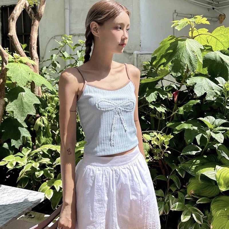 Siner-ผู้หญิง Camisole Elegant เสื้อแขนกุด Bowknot Hollowed Slim Fit เสื้อกั๊กฤดูร้อน Clubwear