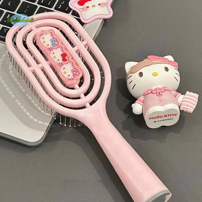 [Welcomebili] Kawaii Hello Kitty Kuromi Cinnamoroll Comb หวีนวดกลวงหวีถุงลมนิรภัยด้ามยาวสําหรับสาวของขวัญวันเกิดใหม่