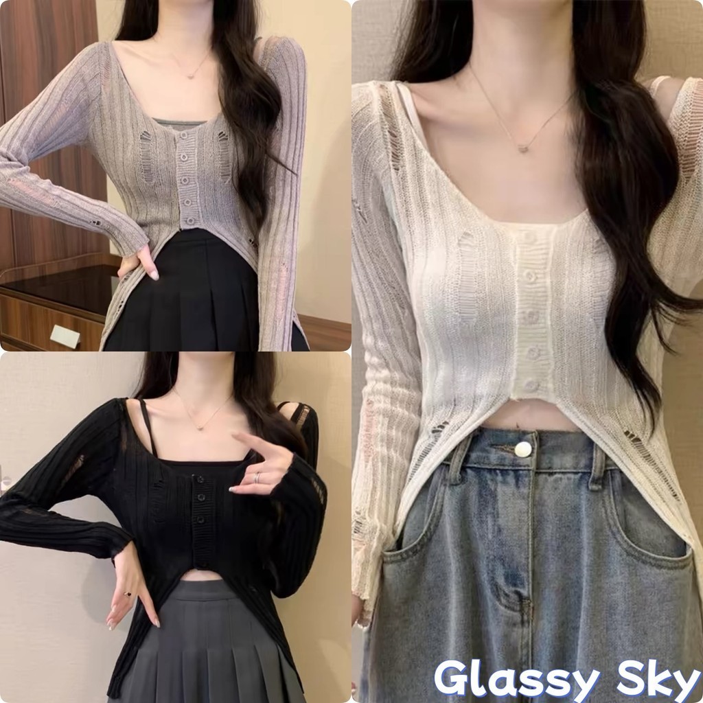 Glassy Sky💖พร้อมส่ง💖เสื้อถักไหมพรมแขนยาว คอวี มินิมอลดีเทลขาดๆ สวมใส่สบาย(MT725)