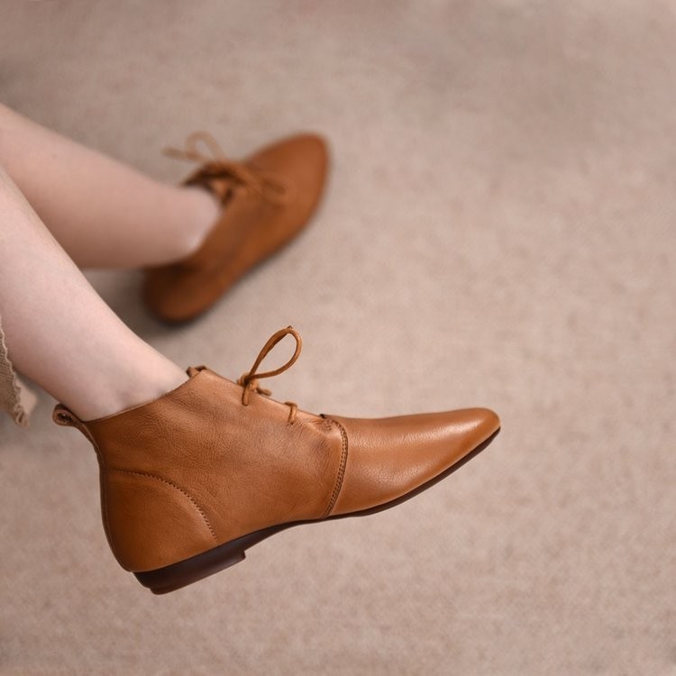 รองเท้าผู้หญิงเวอร์ชั่นเกาหลีแฟชั่น Pointed Toe PU Laced-Up แบนรองเท้าข้อเท้าหรูหราขนาด 35-40