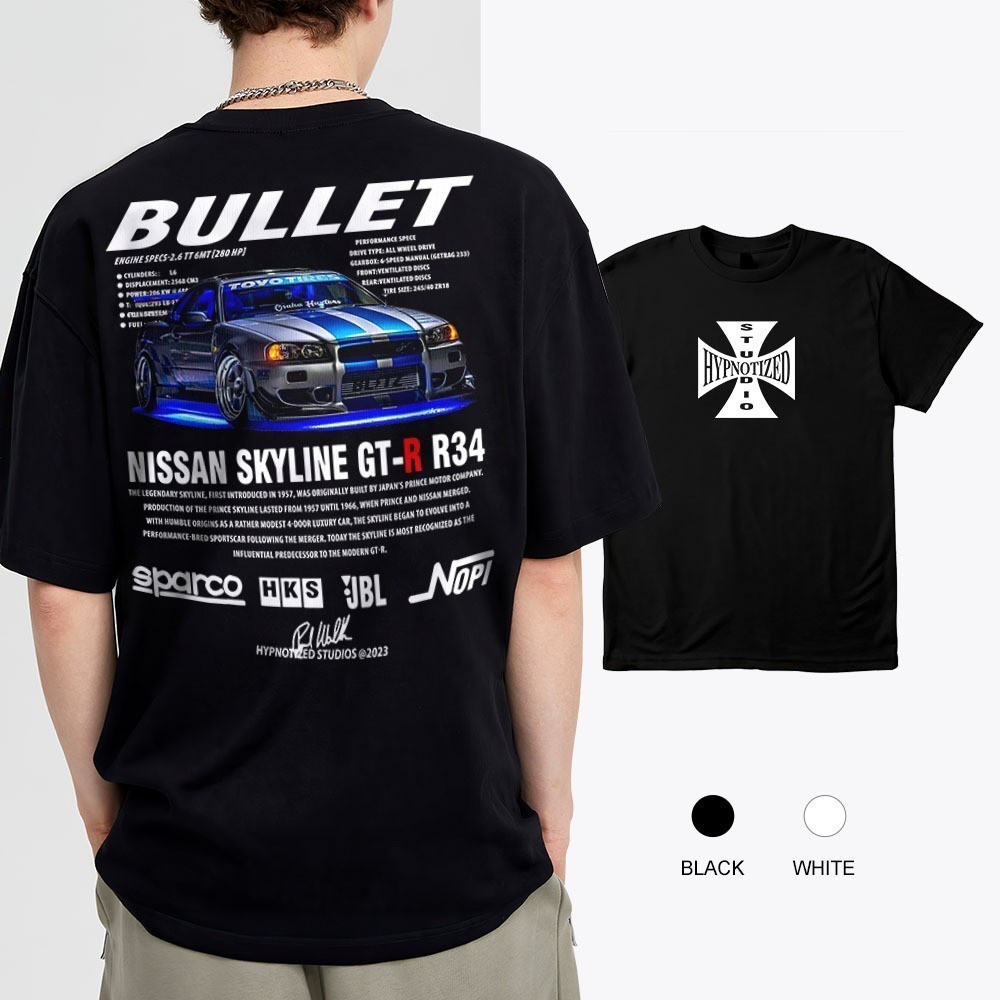 [เสื้อยืด]Sports car series clothing R34 GT-R fashionable car printed T-shirt pure cotton [พร้อมส่ง]