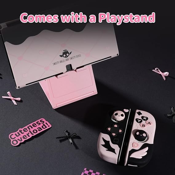 เคสป้องกันสําหรับ Switch/OLED Anti-Scratch Slim Cover Case ใช้งานร่วมกับ Nintendo Switch Sparable Soft Silicone Protective Shell with 2 Thumb Grip Caps- Sweetheart Skull