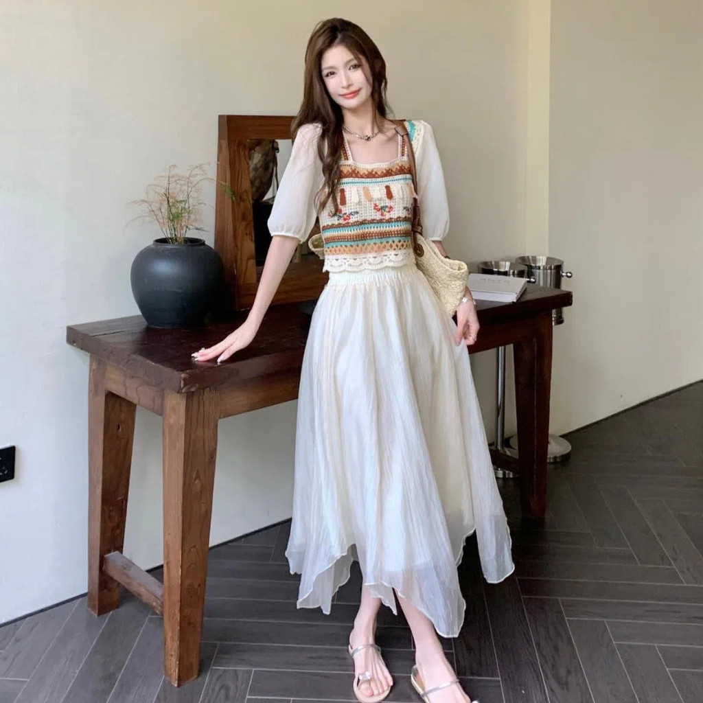 สไตล์ชาติพันธุ์สองชิ้นถักเอวสูงแขนสั้นเสื้อผู้หญิงฤดูร้อนใหม่สไตล์ฝรั่งเศสสั้นด้านบนชุดผู้หญิง Top Set Women