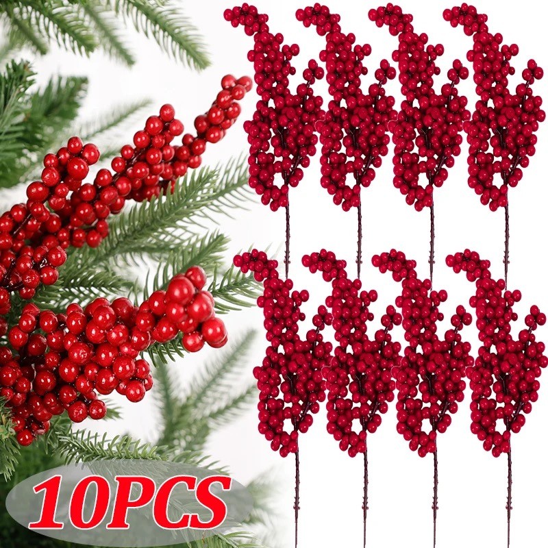 10 ชิ้นคริสต์มาส Red Berries สาขาตกแต่งบ้านประดิษฐ์ Holly Berry Stamen พืชพวงหรีดเครื่องประดับ Xmas Tree Party
