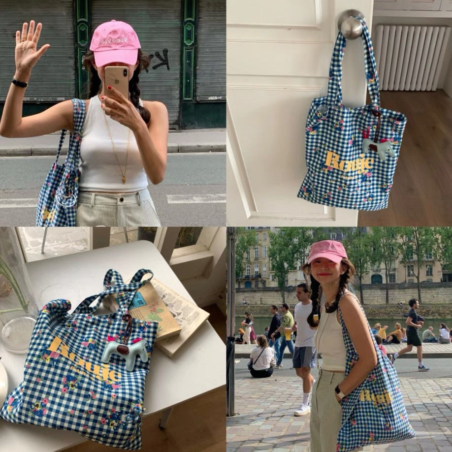 2024 Street Wear Bag#新品INS博主Rouje同款蓝色格纹花朵logo印花帆布袋帆布包单肩