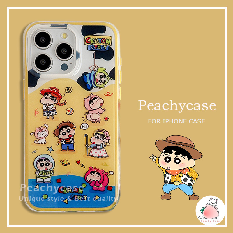 การ์ตูนน่ารัก 2 in 1 Toy Story Crayon Shin-chan Chain เคสโทรศัพท์สําหรับ iPhone 16 15 14 13 Pro Max 16promax TPU + PC กันชนกันกระแทกฝาหลังปลอก