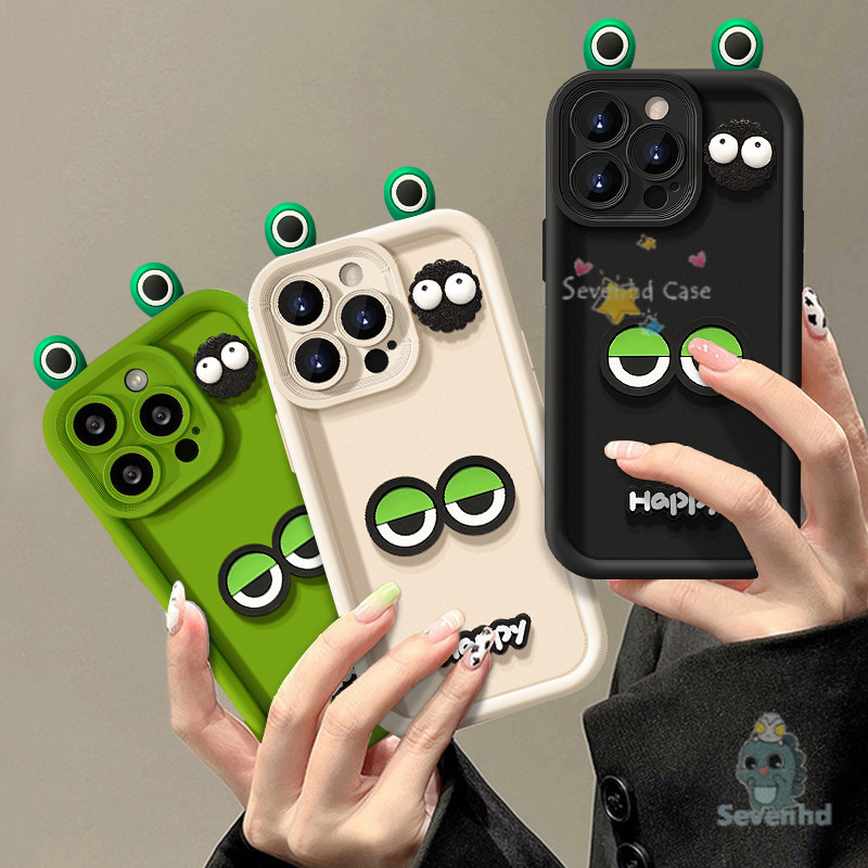 ปลอกสําหรับiphone 11 16 15 14 13 12 Pro Max X Xr Xs 8 7 6 6s Plus SE 2020 น่ารักการ์ตูนถ่านหินเคสโทรศัพท์ + 3D DIYกบตาหูตุ๊กตาซิลิโคนกันกระแทกป้องกันปกหลัง