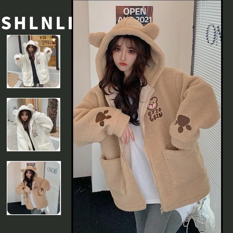 ผู้หญิงน่ารักคลุมด้วยผ้ากับหูกระต่ายแกะขนแกะแจ็คเก็ตฤดูใบไม้ร่วงฤดูหนาวบวกขนแกะสบายๆหลวมแจ็คเก็ต