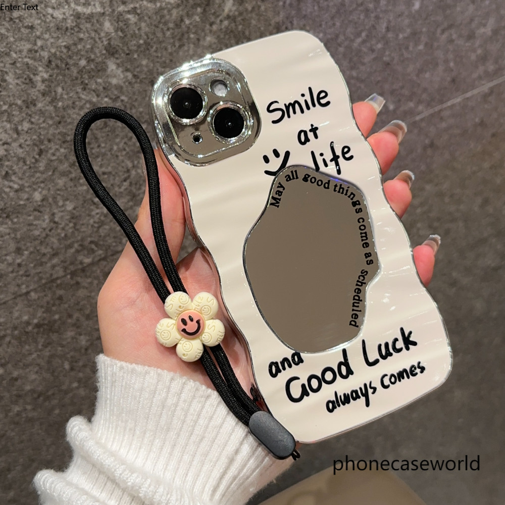 เหมาะสำหรับiPhone15 11 7 8 12 13 14PROMAX หน้ายิ้มที่เรียบง่ายพร้อมสายคล้องมือ,เคสโทรศัพท์มือถือซิลิโคนอ่อนนุ่มกระจกหยัก
