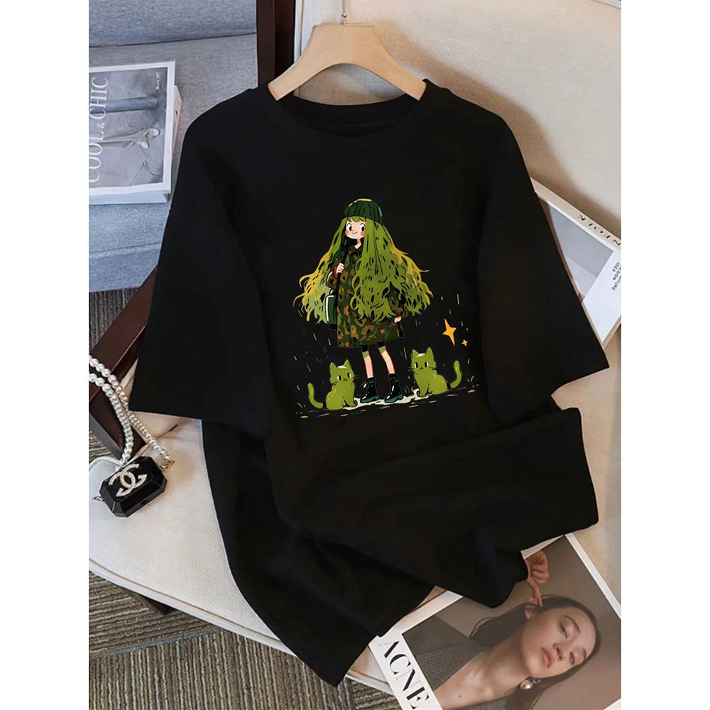 Basi เสื้อยืด oversize unisex ลาย"GIRL CAT" เด็กกับแมวเขียว ผ้าคอตตอน100% นุ่ม ใส่สบาย สไตล์เกาหลี น่ารัก มินิมอล อาร์ต