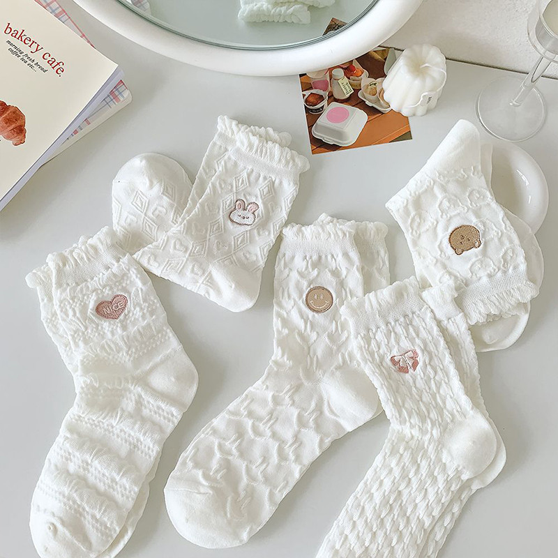 พร้อมส่ง : ถุงเท้า ข้อยาว 5 คู่ ขาวล้วน แต่งอิโมจิ เก๋ๆ ใส่ได้ทุกวัน มินิมอล แฟชั่น น่ารัก ผ้านุ่ม - รูปที่ 7