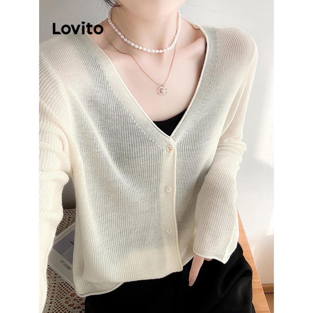 Lovito เสื้อคาร์ดิแกน มีกระดุม สีพื้น สไตล์ลำลอง LNA68056