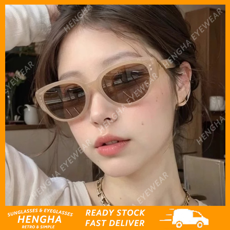 (HENGHA) แว่นกันแดดกรอบทรงรีชาเยลลี่สําหรับผู้หญิงแฟชั่นเกาหลีแว่นตาตาแมว
