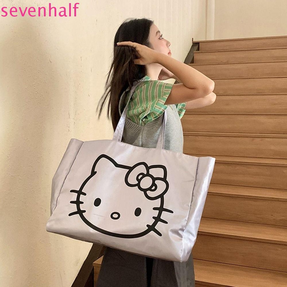 Sevenhalf กระเป๋าสะพายไนลอน, กระเป๋าถือ Bowknot Kt Cat HelloKitty, Cute Letter Niche Design Large Capacity Silver Tote Bag เป็นมิตรกับสิ่งแวดล้อมกระเป๋า