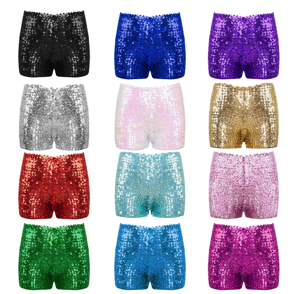 Yrt - เด็กชายหญิง Glitter Sequins กางเกงขาสั้นเงายืดหยุ่นสีทึบกางเกงขาสั้นกางเกงสําหรับเต้นรํา Gym Cheer Stage Performance