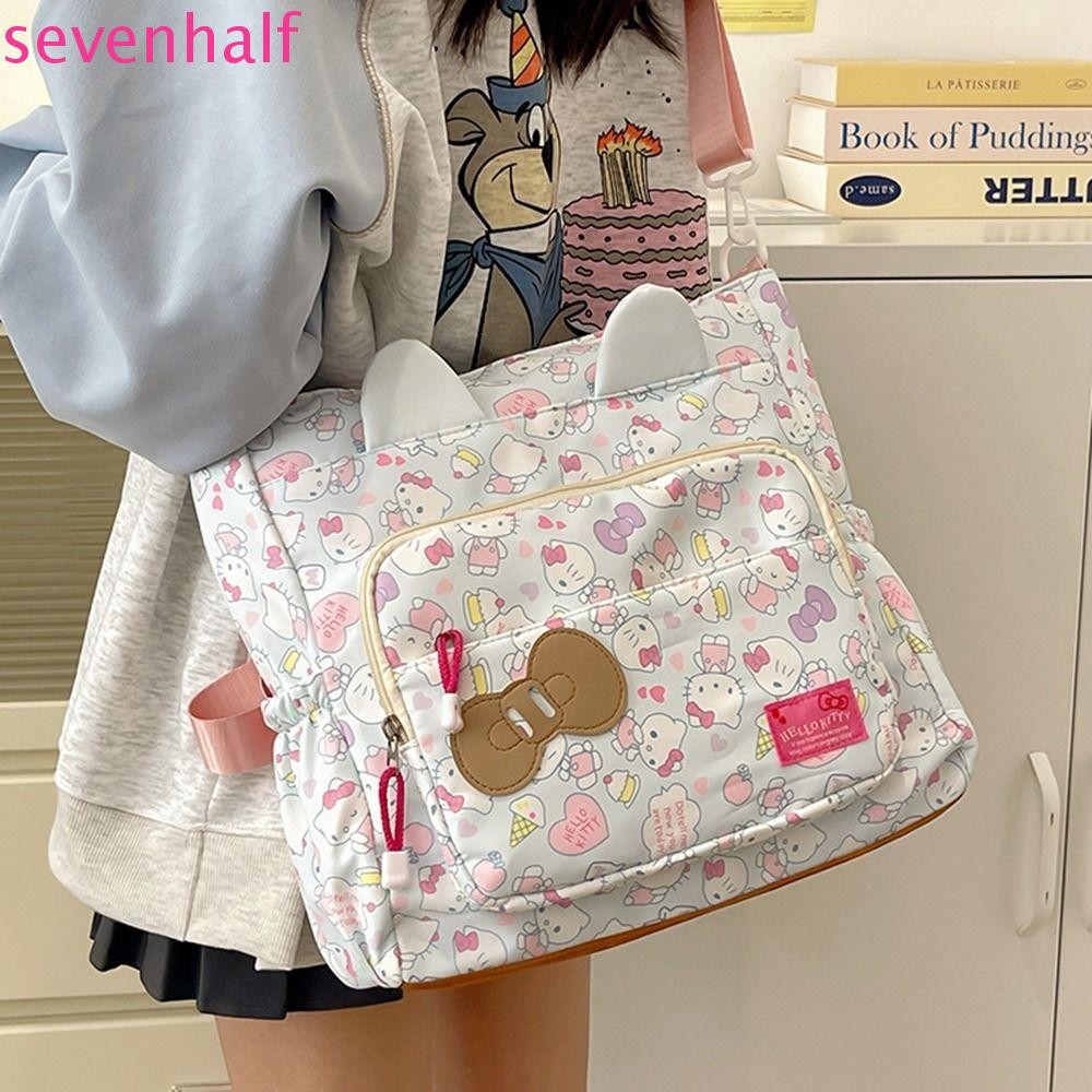Sevenhalf กระเป๋าสะพายคิตตี้แมว,กระเป๋าถือความจุขนาดใหญ่กระเป๋าผ้าใบการ์ตูน,แบบพกพาAll-match Bow Anime Crossbody Bag Travel