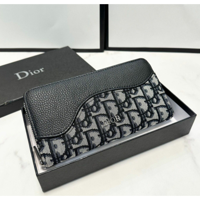 [กล่องของขวัญ] แฟชั่น Dior หนังวัว กระเป๋าสตางค์ Zipper แพ็คการ์ดพับคู่ ผู้หญิงสุดหรูกระเป๋าถือ