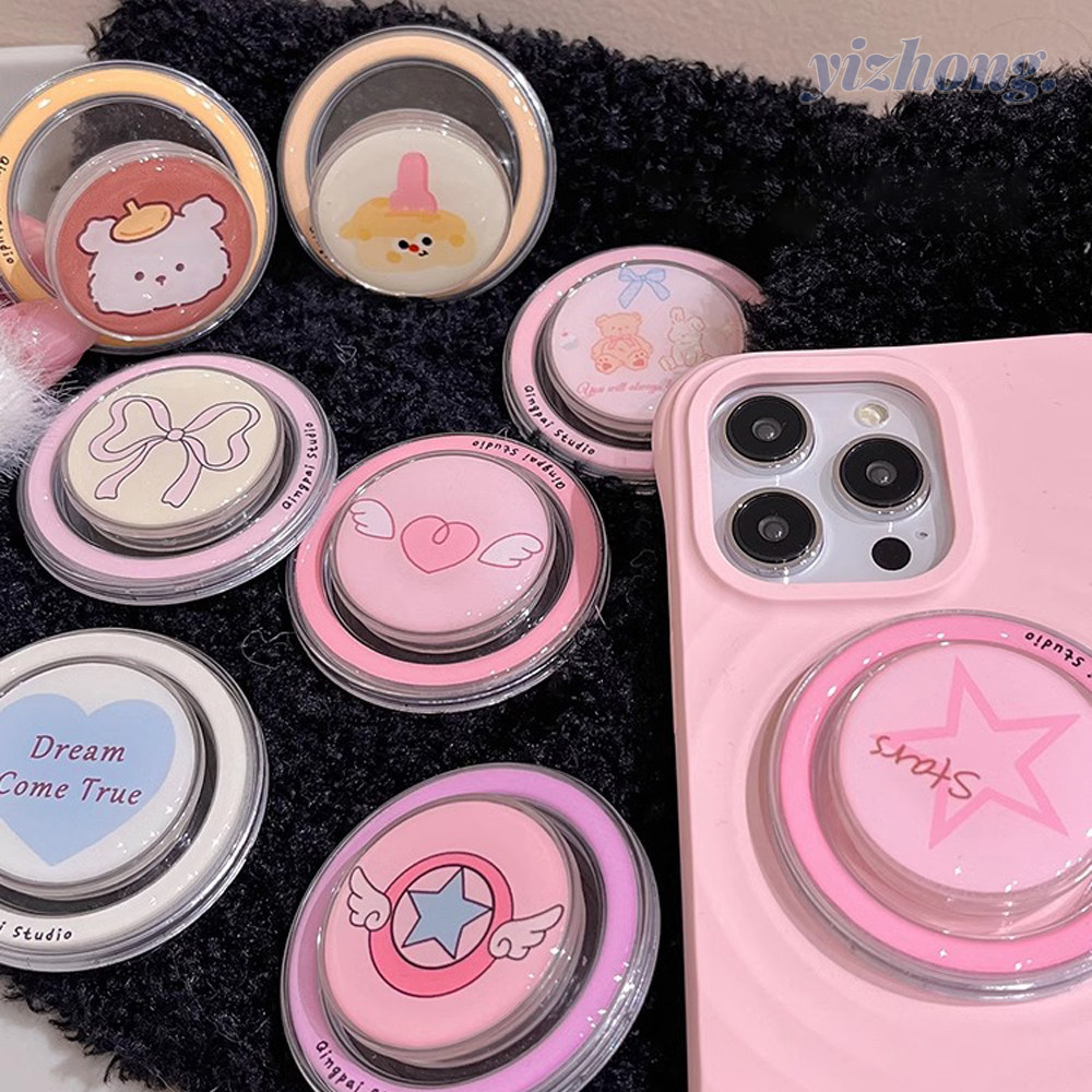 ที่วางโทรศัพท์แรงดึงดูดแม่เหล็ก Lazy Desktop Kickstand Girly สีชมพู Bowknot Bear Love ทรงกลมขาตั้งสร้างสรรค์สําหรับ Naked โทรศัพท์มือถือ Magsafe กรณีพับ Anti-drop PC Bracket