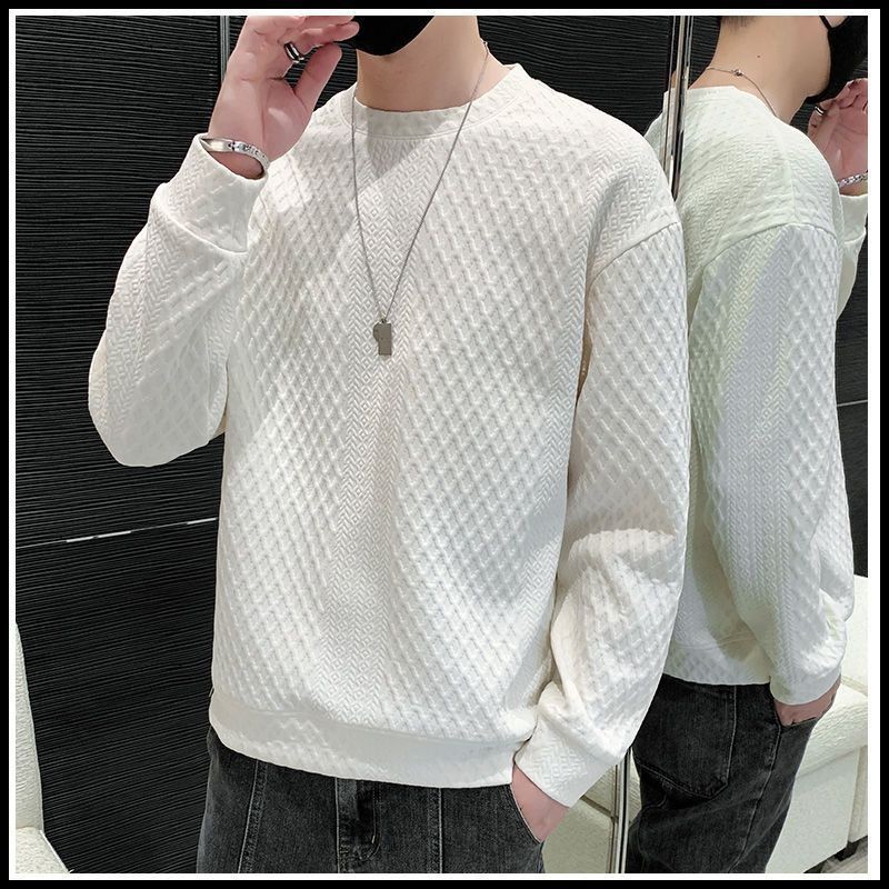 เสื้อสเวตเตอร์วาฟเฟิลผู้ชายสไตล์เกาหลีสีทึบคอกลมแขนยาว sweatshirt