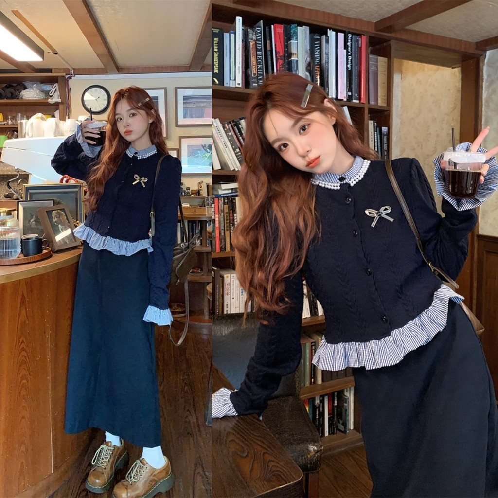 เตรียมใจ ชุดสองโบว์เสื้อแขนยาวผู้หญิงฤดูใบไม้ร่วงหลวม + กระโปรงชุด