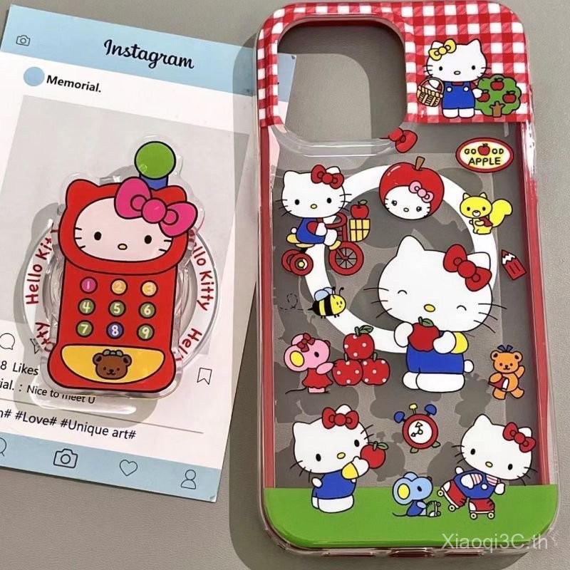 เคสโทรศัพท์สำหรับ iPhone 7 8 x XS XR xsmax 11 12 13 14 15 Pro Max PLUS โทรศัพท์การ์ตูน Hello Kitty ตัวยึดแม่เหล็กหุ้มทั้งเครื่องเคสนิ่มกันกระแทกเคสป้องกันเคสแม่เหล็ก ffpd