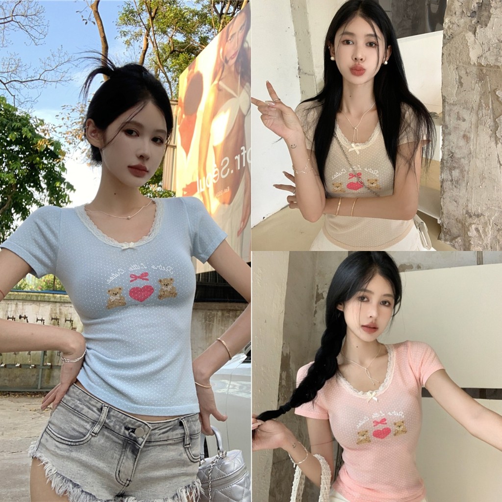 Anne เสื้อยืดผู้หญิง มีฟองน้ำ คอกลม แต่งลูกไม้ ดีเทลแต่งลายน้องหมี เข้ารูป เสื้อยืดแขนสั้น สไตล์ลำลอง ใส่สบาย #FY5058