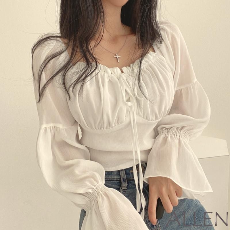 Allen-women Sweetheart Neck Crop Blouses Drawstring Bow Ruched Slim Fit Long Sleeve French Shirt