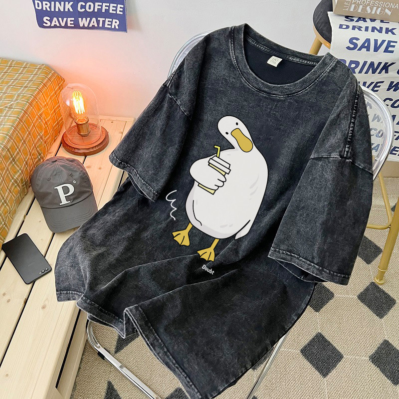 SELVZE（จัดส่งตลอด 24 ชั่วโมง） Printed T-shirt，พิมพ์เป็ดการ์ตูนน่ารัก เสื้อยืด oversize ฟอก T0504