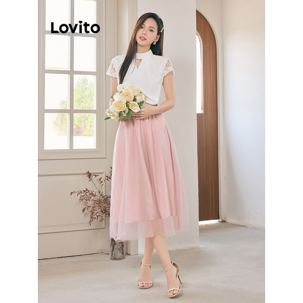 Lovito กระโปรงตาข่ายสีตัดกับผ้าธรรมดาแบบสบาย ๆ สำหรับผู้หญิง L95ED852