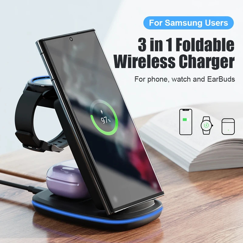 3 in 1 Wireless Charger Stand สำหรับ Samsung Galaxy WATCH 6 5pro 5 4 3 15W Fast CHARGING Dock Station สำหรับ Samsung S23 S22 s21buds 2